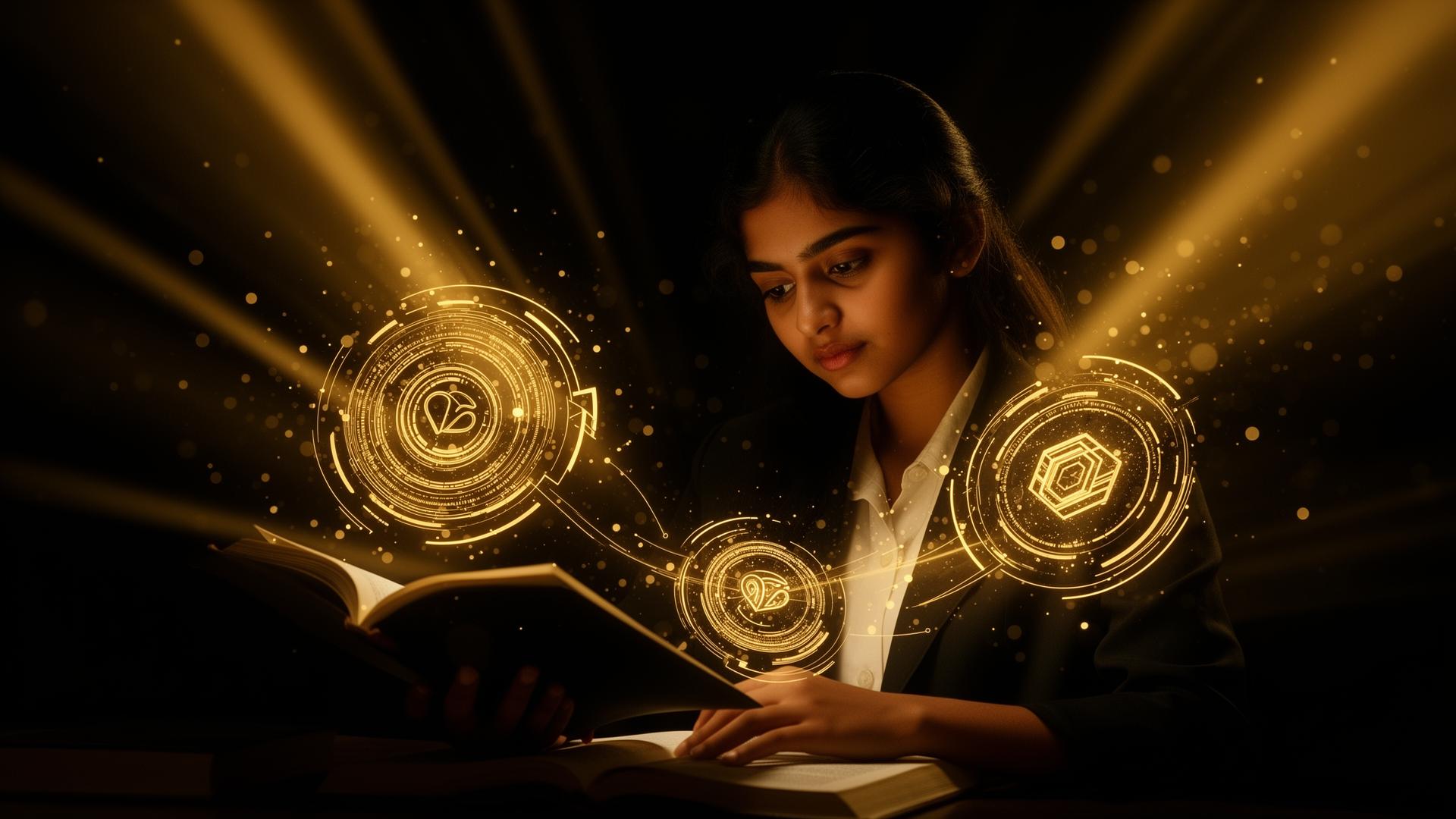 A scholar studying with golden holographic interface